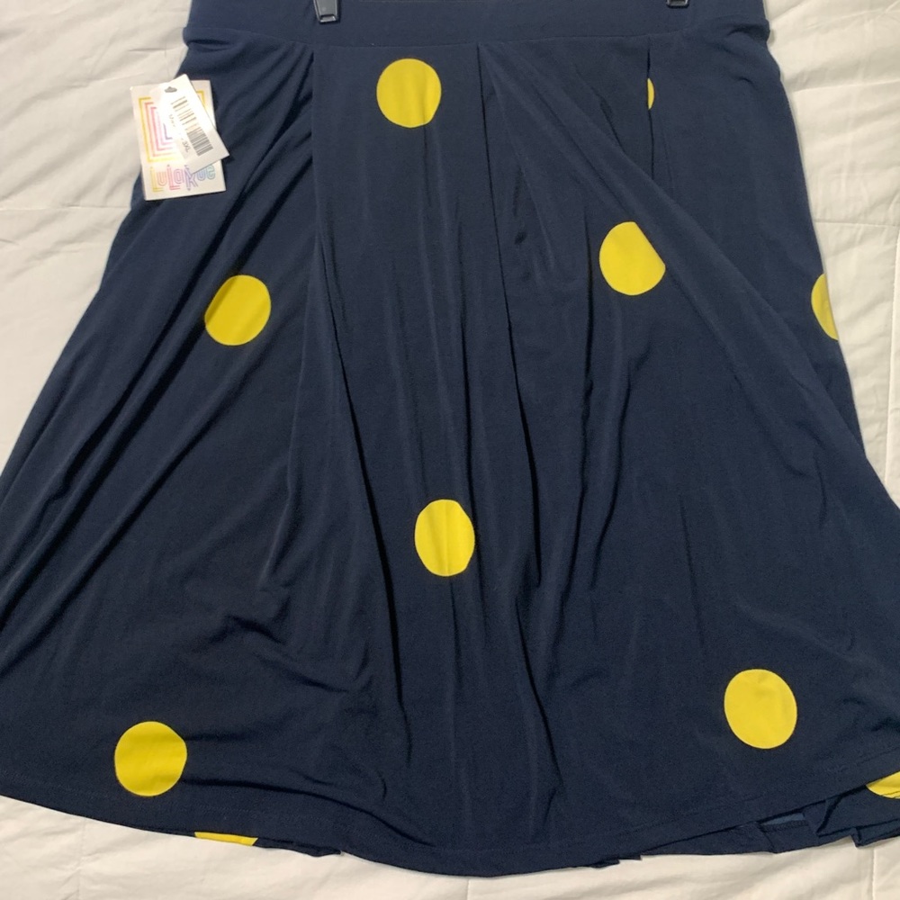 LulaRoe Madison navy skirt with yellow polka dots